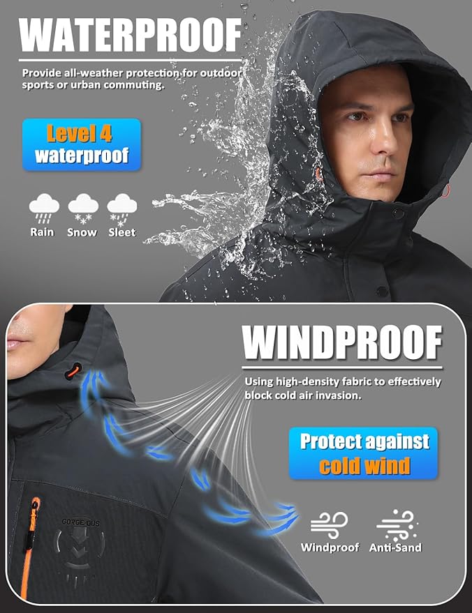 Men's Winter Jacket Waterproof Ski Snow Coat Windproof Snowboard Hooded Raincoats with Warm Graphene lining