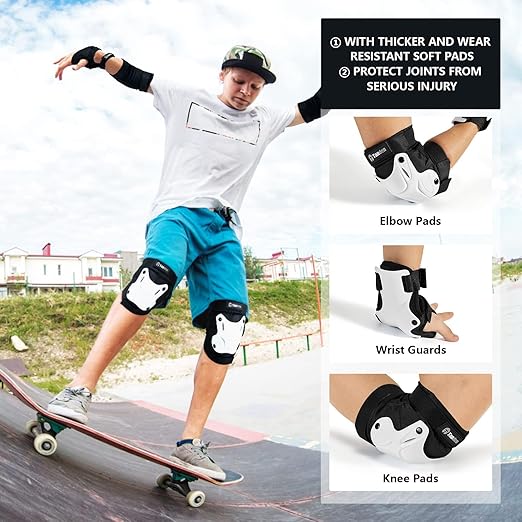 Skating Protective Gear Adult Youth Knee Pads and Elbow Pads Set, Skateboard Wrist Guards for Roller Skating Skateboarding Cycling White