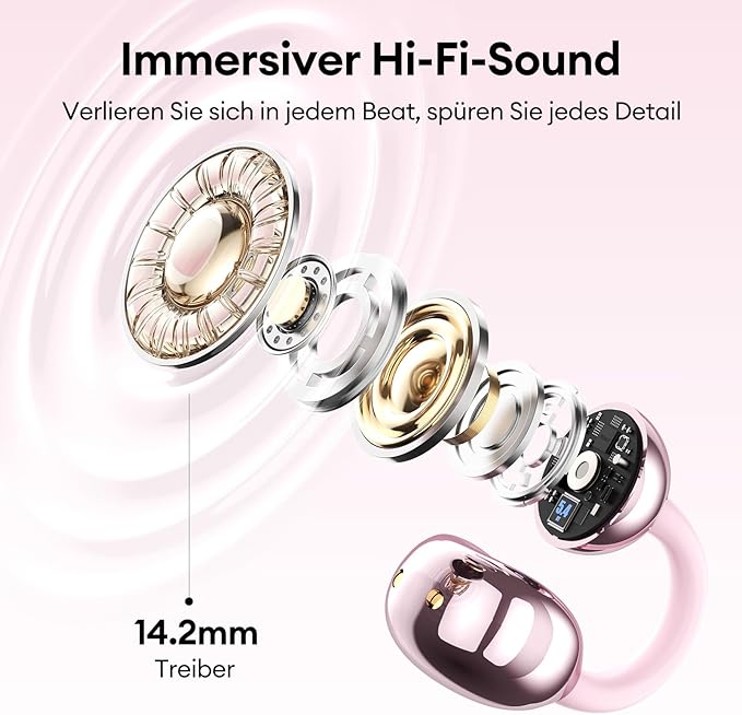 PAXA Stylish Open Ear Clip On Earbuds with Removable Butterfly Earring, Clip On Headphones with LCD Touch Screen, Fashionables Open Ear Headphones for Women, Bow Tie Earring Rose Gold Earbuds