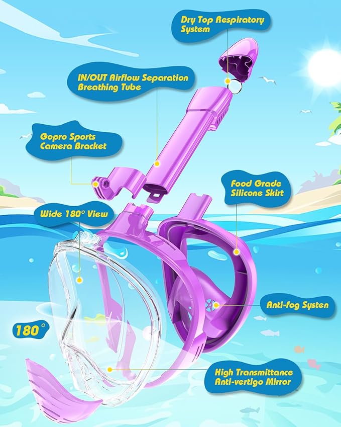 QingSong Kids Snorkel Mask Full Face, Snorkeling Set with Camera Mount, Foldable 180 Degree Panoramic View Snorkeling Gear Anti-Fog Anti-Leak