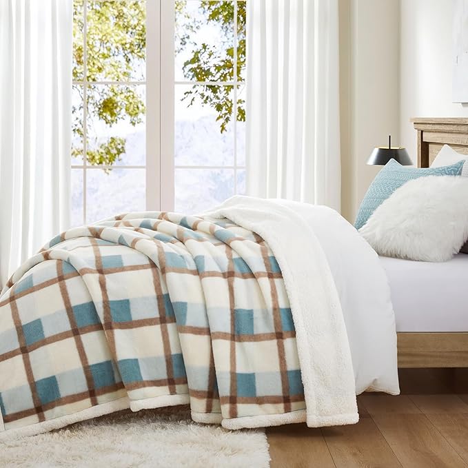 PU MEI Super Soft Faux Rabbit Fur Sherpa Fleece Throw Blanket, Reversible Luxury Cozy Cute Furry Blanket, Plush Warm Shaggy Fluffy Checkered Blankets for Sofa Couch Bed (Green-Plaid, 80" x 90")