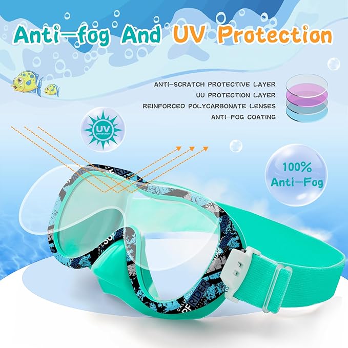 Kids Swim Goggles with Nose Cover, 180° Panoramic Snorkel Mask with Anti-Fog & Anti-Leak Design, Comfort Fabric Strap UV Protection Lens for Boys Girls Ages 3-15
