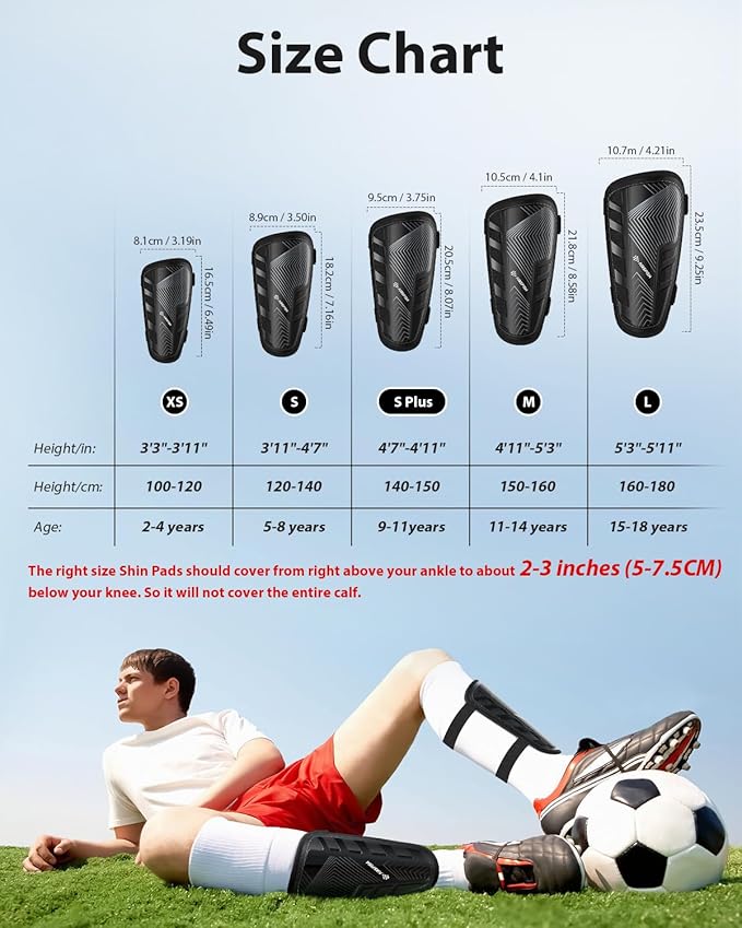 Shin Guards Soccer Kids Youth, CE Certified Airsfish Shin Guard Protection Gear for 2-18 Years Old Boys Girls Teenagers High Impact Resistant Breathable Comfortable 1 Pair 4 Sizes
