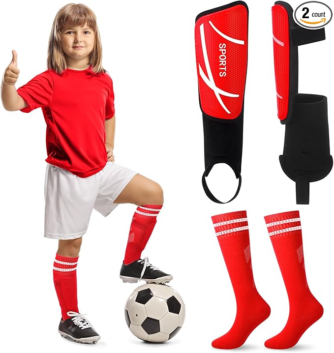 Soccer Shin Guards and Socks Kids Youth Lightweight Soccer Pads Defender with Ankle Protection Ski Shin Guards Football Equipment for Age 4-14 Toddler Boys Girls Teens
