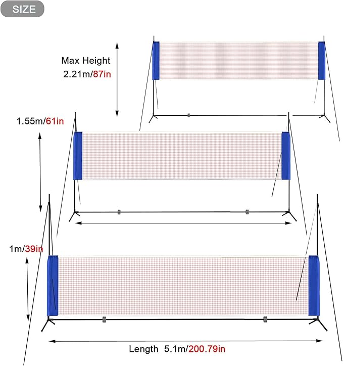 Portable Height Adjustable Badminton Volleyball Tennis Net Set Multi-Purpose Sports Equipment with Poles Stand and Carry Bag for Kids Adult Outdoor Exercise