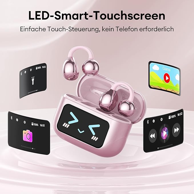 PAXA Stylish Open Ear Clip On Earbuds with Removable Butterfly Earring, Clip On Headphones with LCD Touch Screen, Fashionables Open Ear Headphones for Women, Bow Tie Earring Rose Gold Earbuds