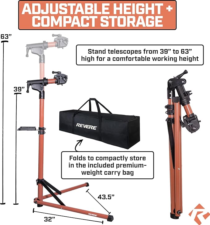 Revere Bike Repair Stand & Storage Bag, Telescoping Arm, Rotating Clamp, Magnetic Tool Tray, and Adjustable Handlebar Rod - Heavy Duty, Sturdy, Adjustable (Orange)