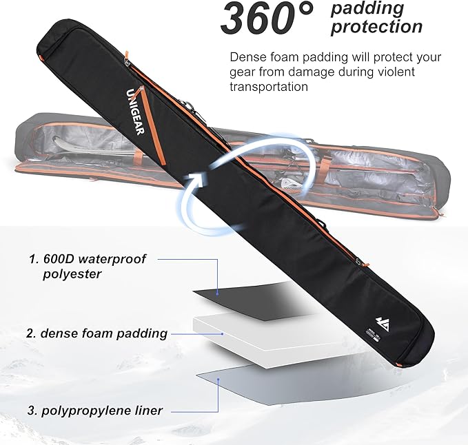 Unigear Ski Bag for Air Travel, 360° Fully Padded Protection, Water-Resistant and Durable up to 192cm for Snow Air Travel Transport