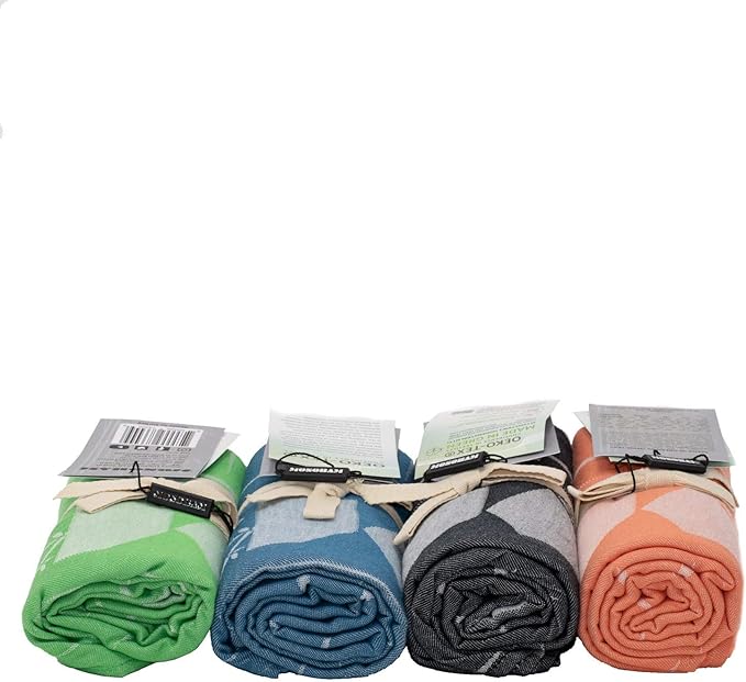 Mosobam 4pc Soft Fouta Peshtemal 35X70, Green-Navy-Charcoal-Coral, Fall Cacala Fleece Blankets, Luxury Sarong, Hamam Towel, Lightweight Outdoor Picnic Blanket Throw, Viscose Made from Bamboo