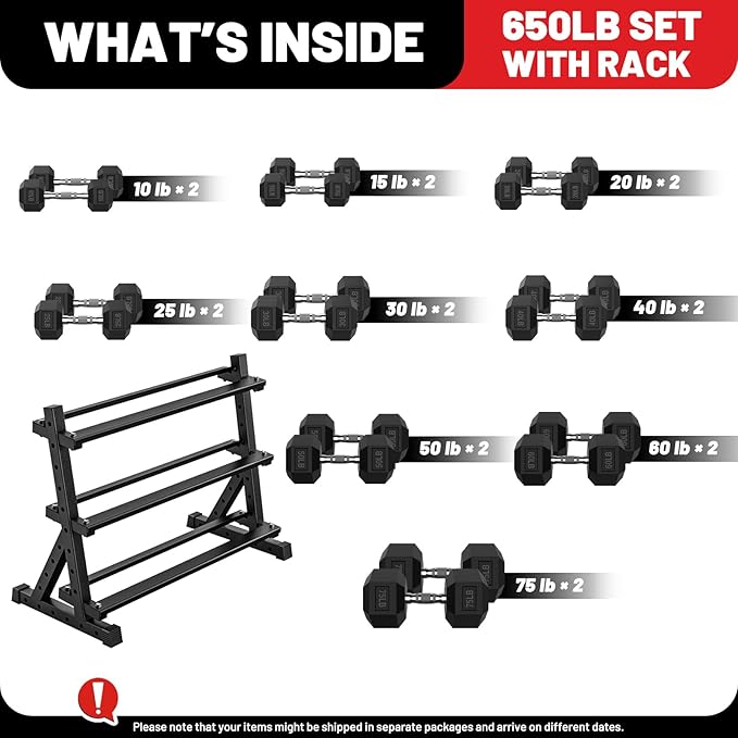 PAPABABE Hex Dumbbell Set with Rack, Rubber Encased Free Weight with Weight Storage Racks, Multiple Weight Options for Home Gym and Fitness