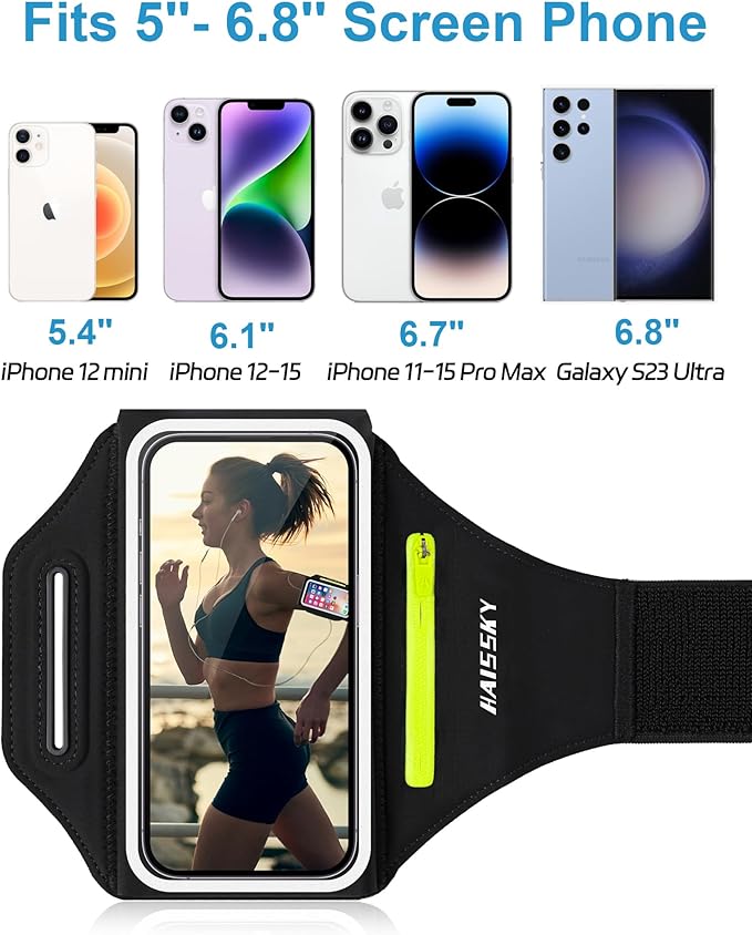 Cell Phone Armbands for Running with Earphone Bag, Arm Band for iPhone 16 15 14 13 12 11 Pro Max Galaxy S21-S24 Ultra, Armband Phone Holder with Car Home Key Pocket for MP3 Player 4-6.8''