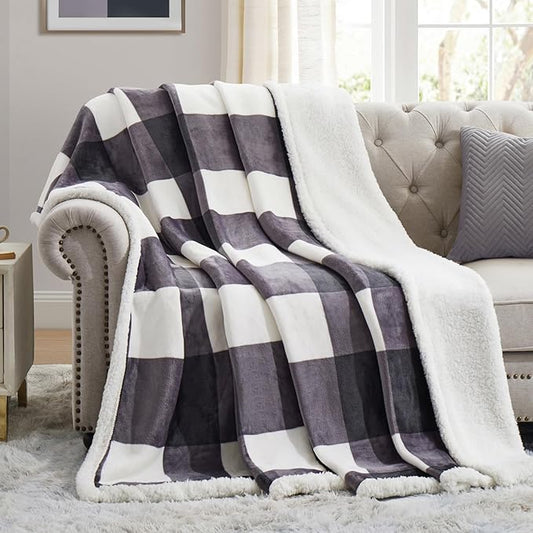 PU MEI Sherpa Blanket Fleece Throw Blanket Twin Plaid Thick Bed Blanket, Soft Warm Cozy Dark Grey Checkered Throw Blanket 60"*80"