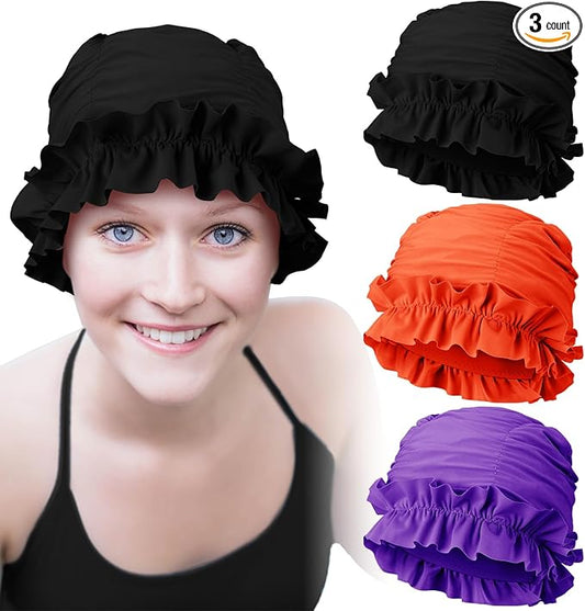 Soulchen 3 Pcs Swim Cap Women Adult with Ruffled Edges Nylon Cloth Swimming Cap for Women Bathing Hats Swim Turban Waterproof Swimming Hat