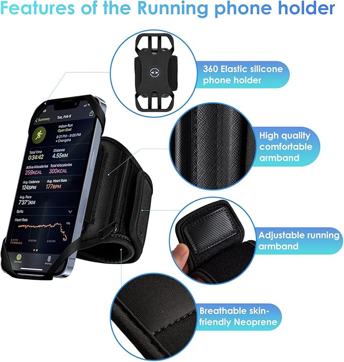 Cikyner Running Armband Phone Holder - 360 Rotatable & Detachable Sports Armband With Earphone/Cash Pocket for 4.5-7'' iPhone - for Gym, Hiking