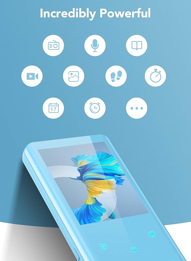 MP3 Player with Bluetooth 5.3, AGPTEK A19X 2.4" Curved Screen Portable Music Player with Speaker Lossless Sound with FM Radio, Voice Recorder, Built in 32GB, Supports up to 128GB, Blue