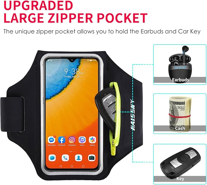 Running Armband with Earphone Bag Cell Phone Armband for iPhone 16 15 Pro 14 Plus 13 11 XR XS, Galaxy S24/S10 Water Resistant Sports Phone Holder Case & Zipper Slot Car Key Holder for 6.9 inch Phone