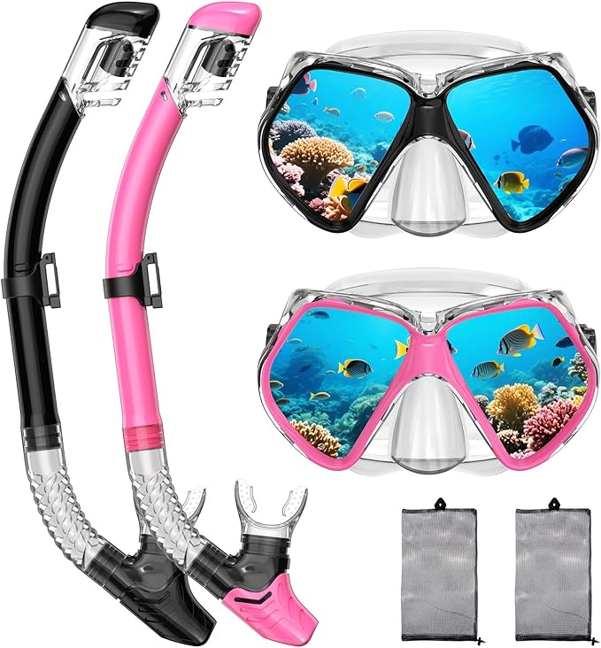 2 Pack Snorkeling Gear for Adults, Dry Snorkel, Mask Set Adult, Diving Scuba Mask, Scuba Gear, Swimming Goggles with Nose Cover, Swim Freediving Tempered Glass Panoramic View Travel Packages