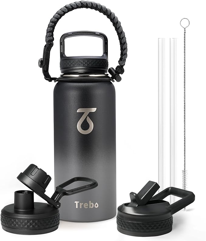 Trebo 32 oz Water Bottle Insulated with Paracord Handle and 3 Lids, Leakproof Stainless Steel Vacuum Water Jug Keep Cold 48 Hours, BPA-Free Gym Water Flask for Men Women Sports, Travel, Dark Gray