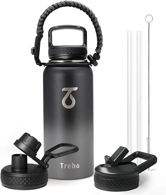 Trebo 32 oz Water Bottle Insulated with Paracord Handle and 3 Lids, Leakproof Stainless Steel Vacuum Water Jug Keep Cold 48 Hours, BPA-Free Gym Water Flask for Men Women Sports, Travel, Dark Gray