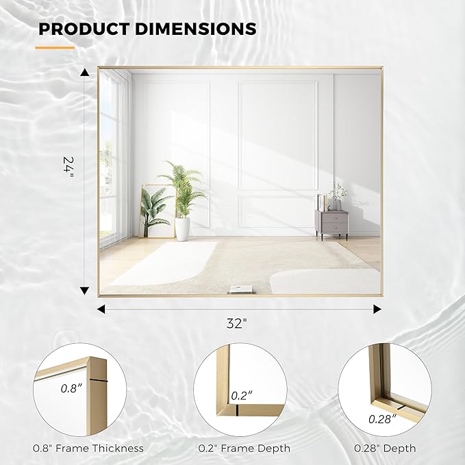 24x32 Inch Brass Bathroom Mirror for Wall, Aluminum Frame Rectangle Rectangular Vanity Mirror, Modern Large for Bedroom, Living Room, Horizontal or Vertical