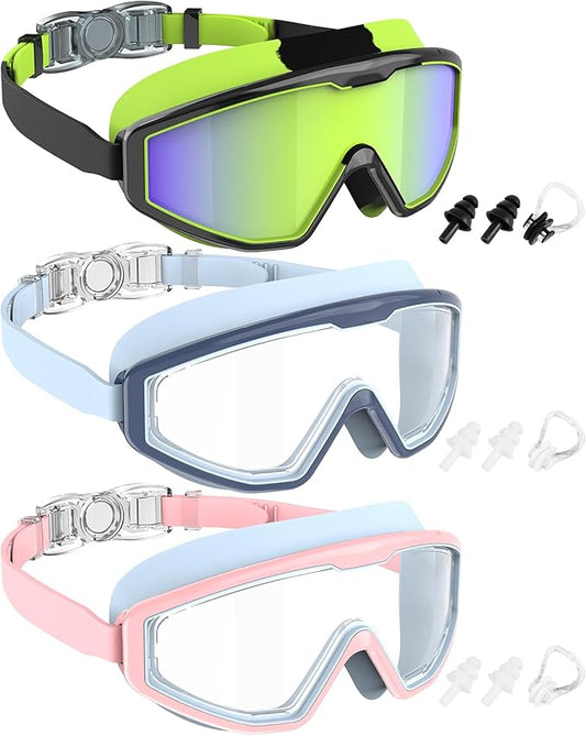 NSSIW Swim Goggles Swimming Kids-Goggles: Anti Fog No Leak with Nose Clip Earplugs for Girls Boys Youth 6-14 3 Pack