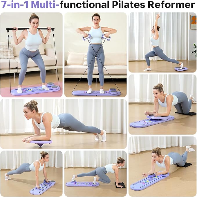 Pilates Board, Pilates Reformer Set, 7 in 1 Multifunctional Pilates Reformer Machine with Timer, Portable Foldable Pilates Board for Home Workout, Pilates Kit with Storage Bag