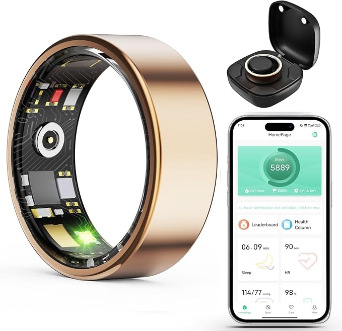 Smart Wellness Ring, Stylish Fitness Tracker with Heart Rate, Blood Oxygen, Blood Pressure, Sleep & Step Monitor. IP68 Waterproof, No Subscription, iOS & Android Compatible (Gold, 7)