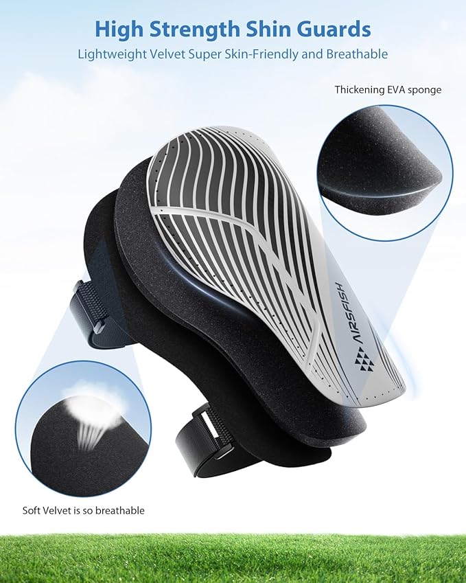 Shin Guards Soccer Kids Youth, CE Certified Airsfish Shin Guard Protection Gear for 2-18 Years Old Boys Girls Teenagers High Impact Resistant Breathable Comfortable 1 Pair 4 Sizes