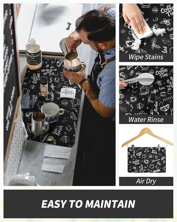 AMOAMI Coffee Mat Hide Stain Rubber Backed Absorbent Dish Drying Mat for Kitchen Counter - Fits Under Coffee Maker & Espresso Machine (16X24, Ink)