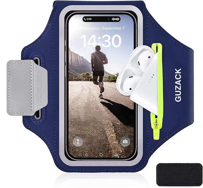 GUZACK Running Armband, Running Phone Holder with Key Pockets & Card Slot for iPhone 15 14 13 12 11 Pro Max Plus, Galaxy S24 S23/S22/S21 Fit Up to 6.9 Inches, Navy Blue Green Zipper