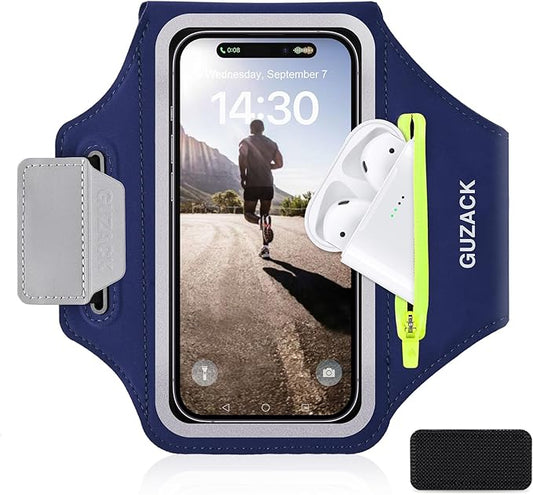GUZACK Running Armband, Running Phone Holder with Key Pockets & Card Slot for iPhone 15 14 13 12 11 Pro Max Plus, Galaxy S24 S23/S22/S21 Fit Up to 6.9 Inches, Navy Blue Green Zipper