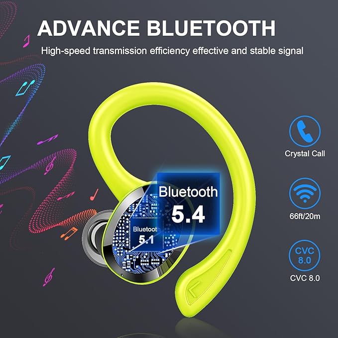 Wireless Earbud, Bluetooth 5.4 Headphones IP7 Waterproof for Sport, 48H Running Wireless Earphones with ENC Noise Cancelling Mic, Deep Bass Over Ear bud with Earhooks for Android, iOS, Workout, Green