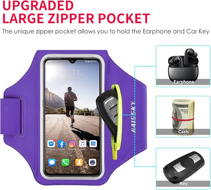 Running Armband with Earphone Bag Cell Phone Armband for iPhone 16 15 Pro 14 Plus 13 11 XR XS, Galaxy S24/S10 Water Resistant Sports Phone Holder Case & Zipper Slot Car Key Holder for 6.7 inch Phone