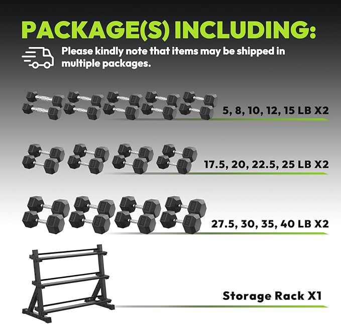 Hex Dumbbell Sets with Rack, 300-670 lb Rubber Encased Exercise & Fitness Dumbbells Set, Hand Weight for Strength Training, Weight Dumbbells