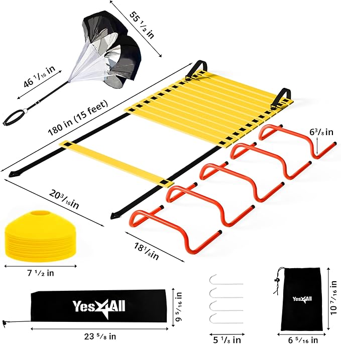 Yes4All Agility Ladder Speed Training Equipment Set - 1 Adjustable Agility Ladder, 12 Soccer Cones, 5 Hurdles, Jump Rope, Running Parachute - Speed & Agility Training Equipment for All Ages