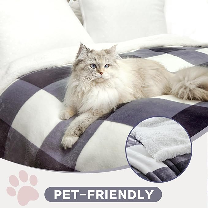 PU MEI Sherpa Blanket Fleece Throw Blanket Twin Plaid Thick Bed Blanket, Soft Warm Cozy Dark Grey Checkered Throw Blanket 60"*80"