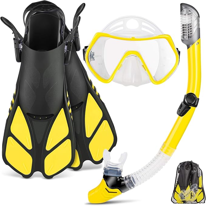 ZEEPORTE Mask Fin Snorkel Set, Travel Size Snorkeling Gear for Adults with Panoramic View Anti-Fog Mask, Trek Fins, Dry Top Snorkel and Gear Bag for Swimming Training, Snorkeling Kit Diving Packages
