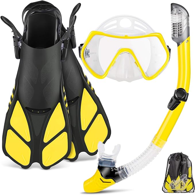 ZEEPORTE Mask Fin Snorkel Set, Travel Size Snorkeling Gear for Adults with Panoramic View Anti-Fog Mask, Trek Fins, Dry Top Snorkel and Gear Bag for Swimming Training, Snorkeling Kit Diving Packages