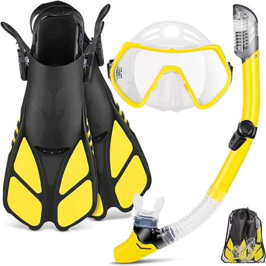 ZEEPORTE Mask Fin Snorkel Set, Travel Size Snorkeling Gear for Adults with Panoramic View Anti-Fog Mask, Trek Fins, Dry Top Snorkel and Gear Bag for Swimming Training, Snorkeling Kit Diving Packages