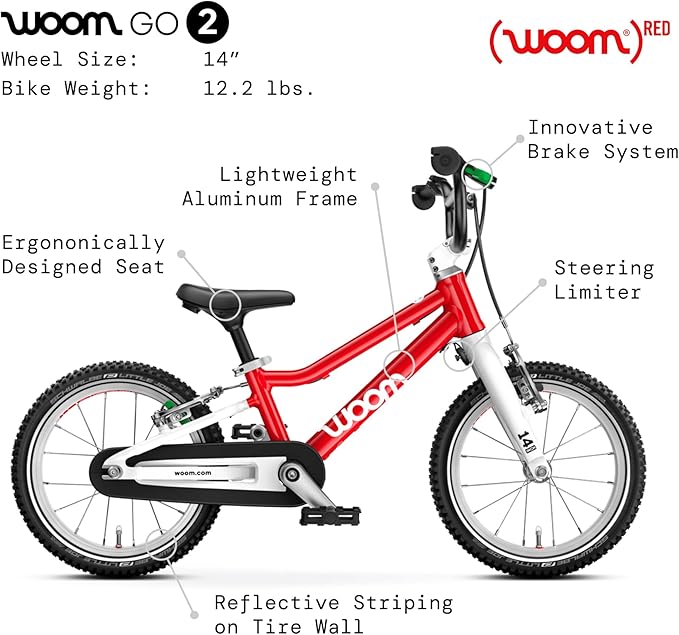 woom GO 2 Bicycle for Children 3 to 4.5 Years Old, 14-Inch Lightweight Bike with Handbrake, Steering Limiter & Chainguard for Boys & Girls - Red