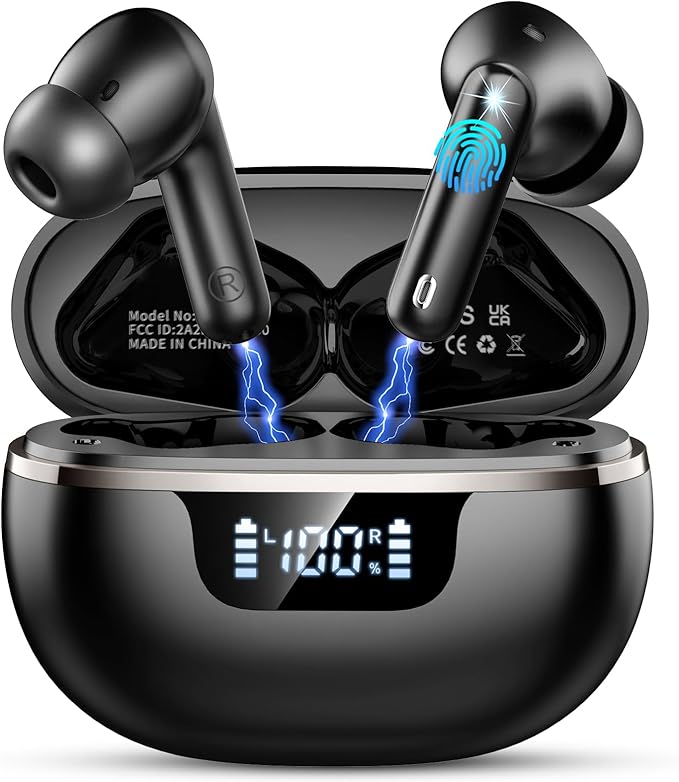 Wireless Earbuds, Bluetooth 5.4 Headphones Deep Bass Stereo, in-Ear Earphones with 4 ENC Mics, 40H Playtime LED Display Mini Charging Case Ear Buds, IP7 Waterproof Wireless Headphones for Android iOS