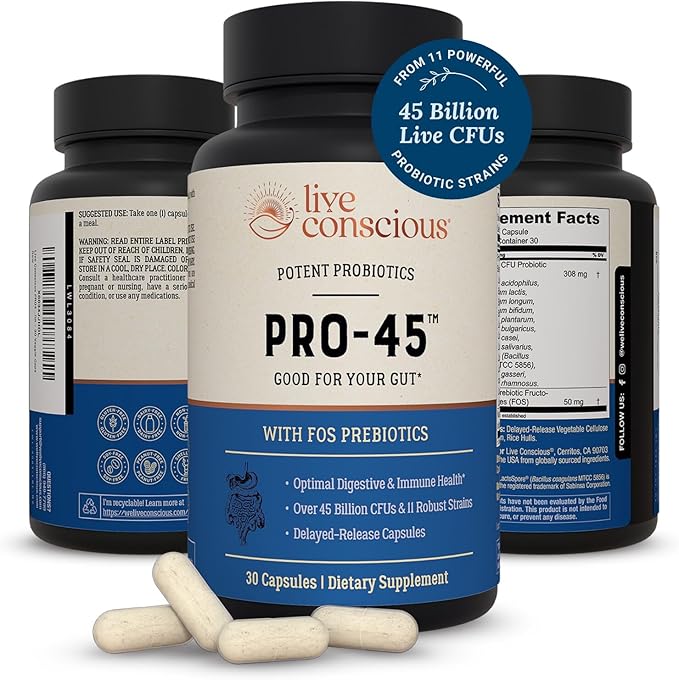 Live Conscious PRO45: Probiotic Formula, 45 Billion CFU, 11 Comprehensive strains. Dairy Free. Delayed Release Veggie caps. Promotes Immune and Digestive Health. 60 Capsules (2-Pack)