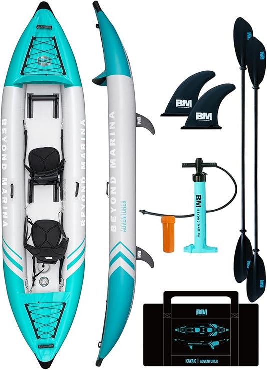 Inflatable Kayak 2 Person Adult - BEYOND MARINA Tandem Kayak with Drop Stitch Floor, Touring Kayak with Aluminum Paddles, Seats, Footrests, Pump, Fins, Adventurer 12.5ft