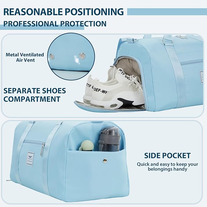 FIORETTO Womens Gym Tote Duffle Bag with Wet Pocket & Shoe Compartment, Sports Duffel Overnight Weekender Hospital Workout Carry on Bag for Girls, Ideal for Travel, Swimming, Dance, Ballet Light Blue