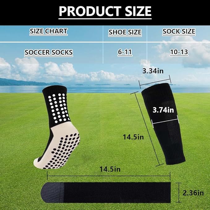 3 Pairs Mens Grip Soccer Socks, 3 Pairs Shin Sleeves with 1 Pack Shin Guards and 4 Shin Straps, Soccer Football Game Set 11 Pcs