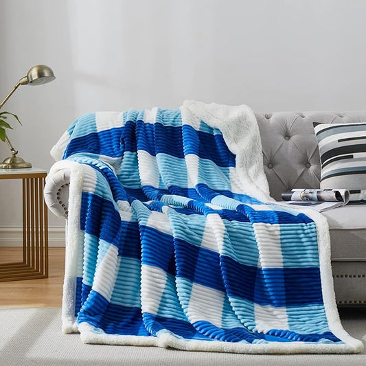 PU MEI Sherpa Blanket Twin Plaid Thick Bed Blanket, 60”*80” Super Soft Flannel Fuzzy Fleece Reversible Velvet Plush Warm Blanket for Couch (Blue Check, 60"*80")