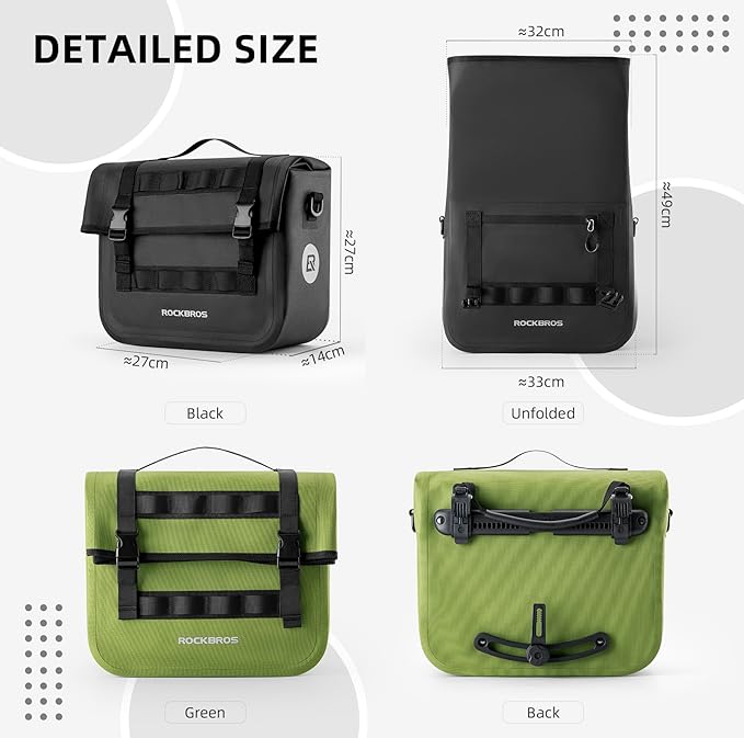 ROCKBROS Bike Panniers 15L Capacity Waterproof Bike Rack Bag Bicycle Panniers for Cycling Commuting Bikepacking Green