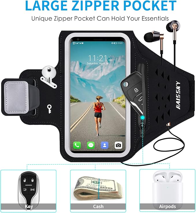 Running Armband with Earphone Bag Cell Phone Armband for iPhone 16 15 Pro 14 Plus 13 11 XR XS, Galaxy S24/S10 Water Resistant Sports Phone Holder Case & Zipper Slot Car Key Holder for 6.9 inch Phone