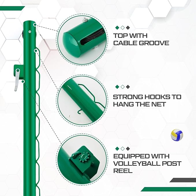 Tennis Posts with Net Crank Outdoor Heavy Duty Professional Green Tennis Permanent Court Kit for Net Quick Fixation System Equipped with a Cable Reel