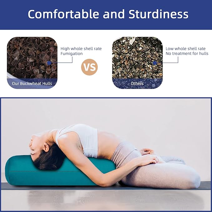 Organic Buckwheat Bolster (24X10.5X5.5 in) Supportive Rectangular Meditation Pillow 100% Cotton Cover Yoga Pillow